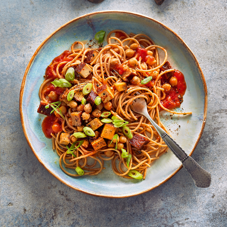 Spaghetti mit Kichererbsen-Tomaten-Sauce - Vegan World