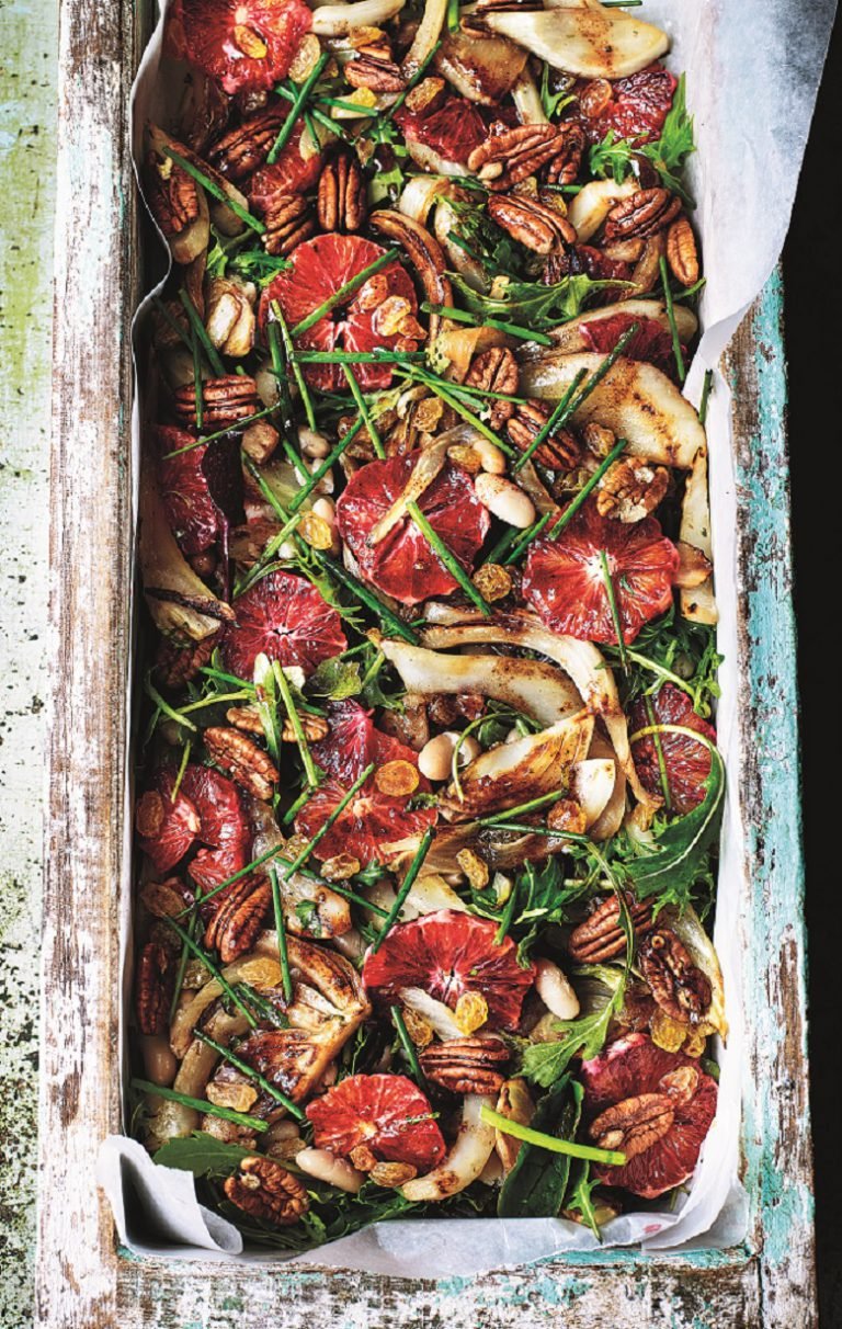 Exotisch: Blutorangen-Cannelini-Salat mit sautiertem Fenchel und Pekannüssen