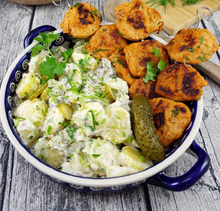Kartoffelsalat mit orientalisch gegrillten Sojamedaillons von Alex Flohr Kartoffelsalat mit orientalisch gegrillten Sojamedaillons von Alex Flohr